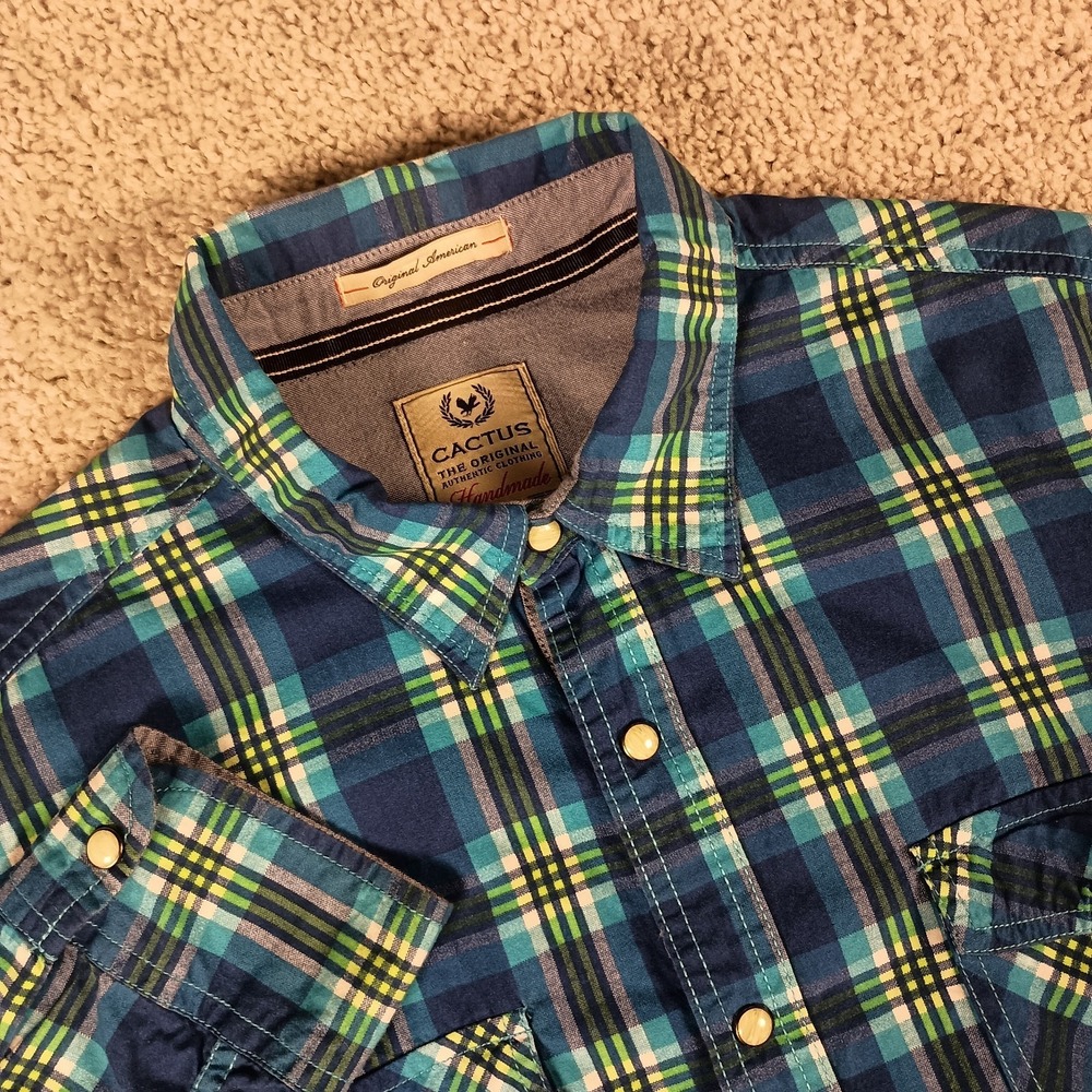 Cactus‎ Handmade Large Pearl Snaps Blue Green Plaid Mens Shirt